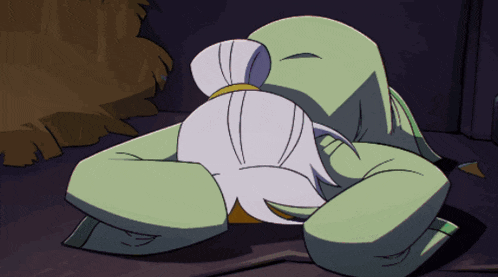 a cartoon character laying on the ground with his head on his knees