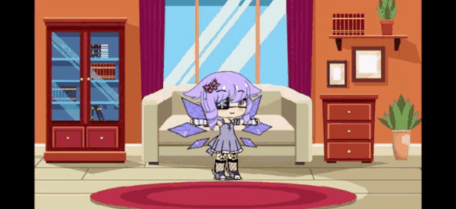 a girl with purple hair and wings is standing in a living room next to a couch