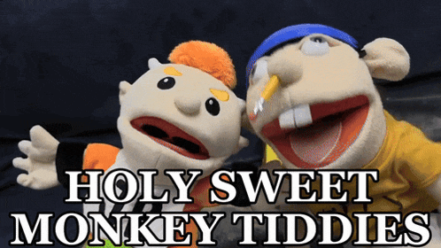 two stuffed monkeys with the words holy sweet monkey tiddies written above them