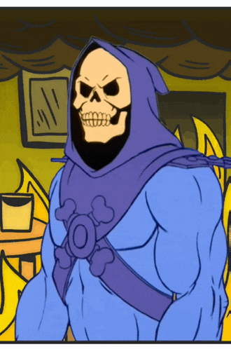 a cartoon drawing of a skeletor wearing a blue hoodie