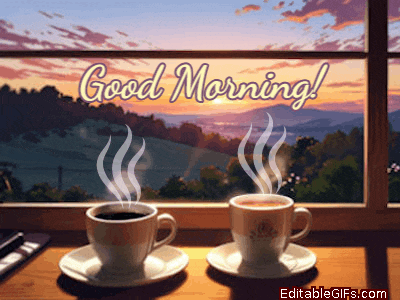 two cups of coffee with steam coming out of them and the words good morning written above them