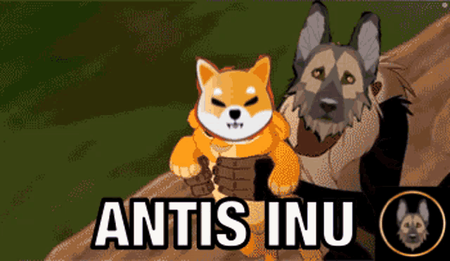 a cartoon of a german shepherd and a shiba inu with the words " antis inu " on the bottom