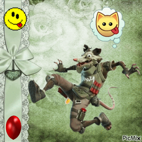 a picture of a cartoon opossum with a smiley face in a thought bubble above him