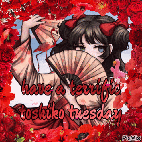 a picture of a girl holding a fan with the words have a terrific toshiko tuesday on it