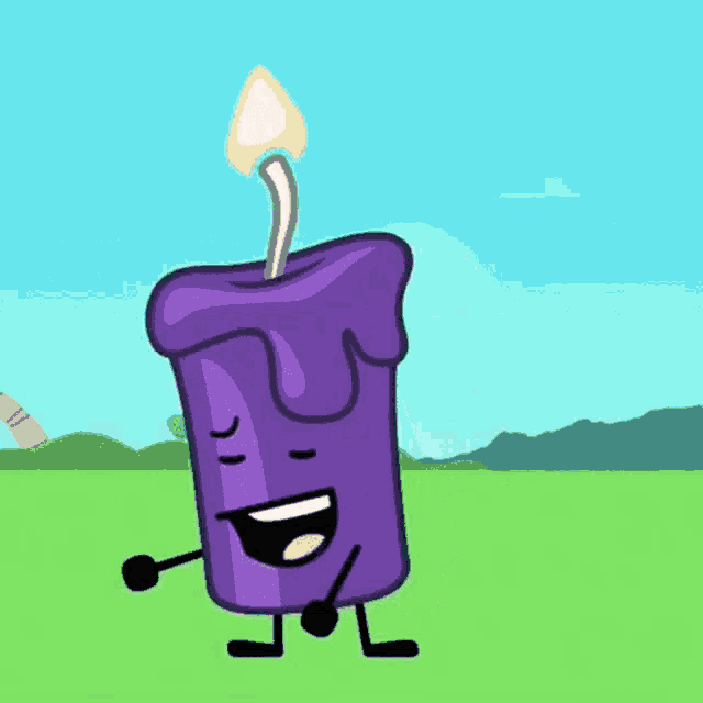 a cartoon of a purple candle with a flame on it