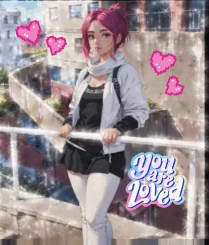 a girl with pink hair is standing next to a railing with the words you are love