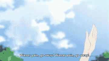 a man in a bow tie is kneeling down in front of a woman in blue shorts who says " wiener pain go away "