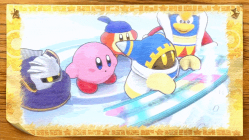 a drawing of a group of cartoon characters including kirby