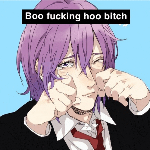 a drawing of a man with purple hair and the words boo fucking hoo bitch above him