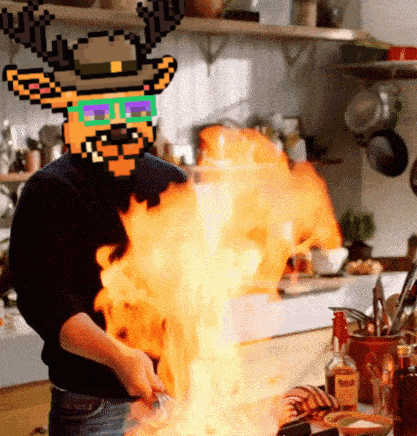 a pixel art of a person with a deer head cooking