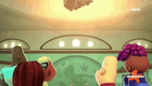 a nickelodeon cartoon shows a group of people looking at a dinosaur