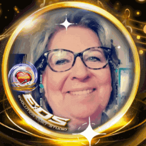 a woman wearing glasses is smiling in a gold circle that says eos