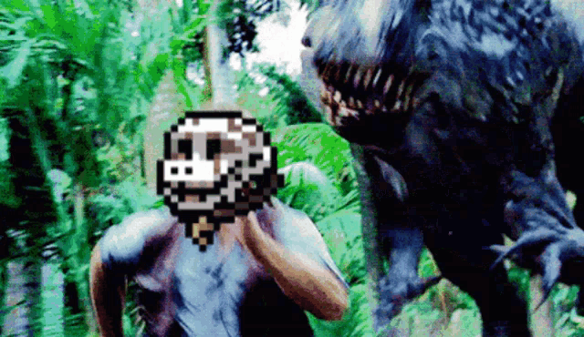 a pixelated image of a man holding a skull in front of a t-rex