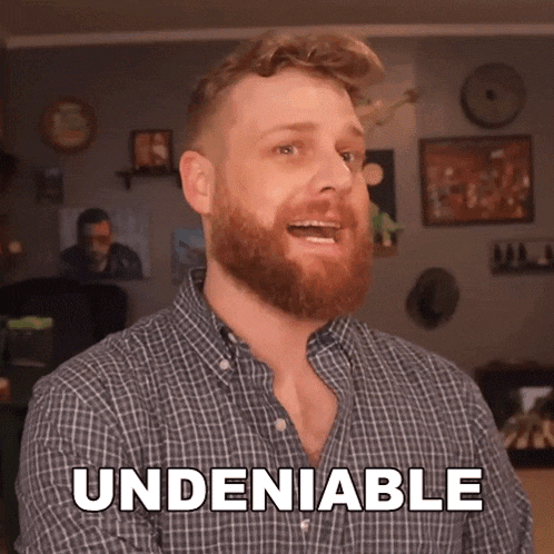 a man with a beard says " undeniable " in a plaid shirt