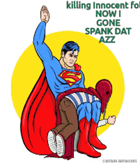 a cartoon of superman being spanked by another superhero