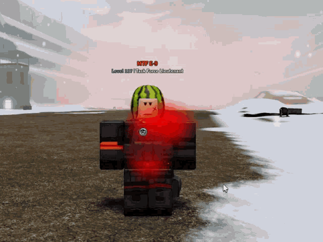 a roblox character wearing a watermelon hat has a red light around his neck