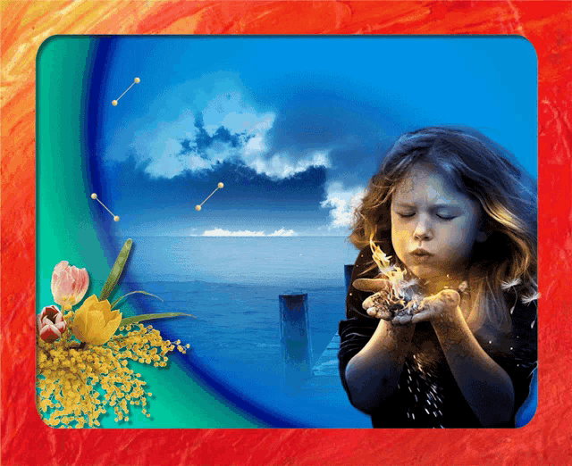 a picture of a little girl blowing on a shell