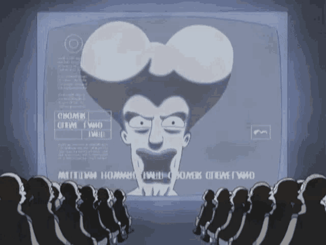 a group of people are sitting in front of a screen with a cartoon character on it