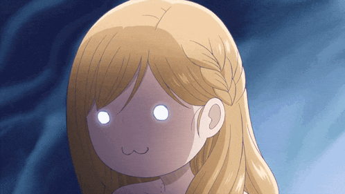 a cartoon of a girl with blonde hair and white eyes
