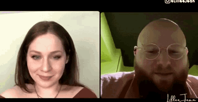 a man and a woman are on a video call and the man has a beard and glasses