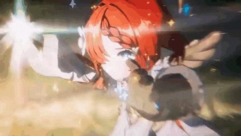 a cartoon character with red hair is holding a sword in her hand .