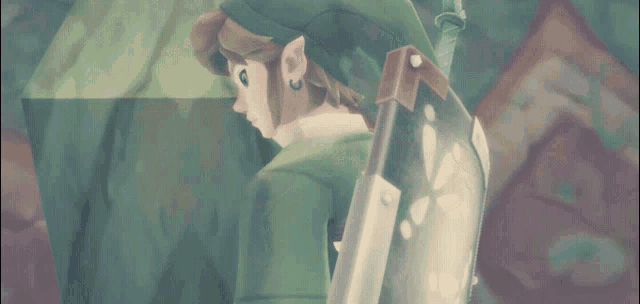 a video game character with a sword and shield on his back