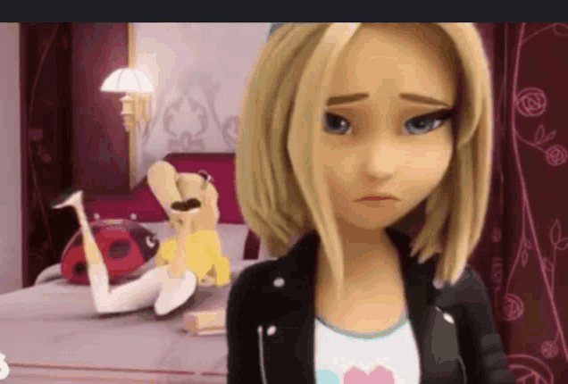a cartoon girl is standing in a room with a ladybug on the bed .