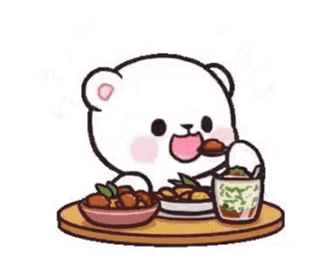 a cartoon bear is sitting at a table eating food and drinking a cup of tea .