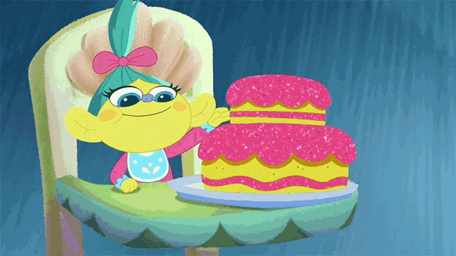 a cartoon character is sitting in a high chair holding a pink cake