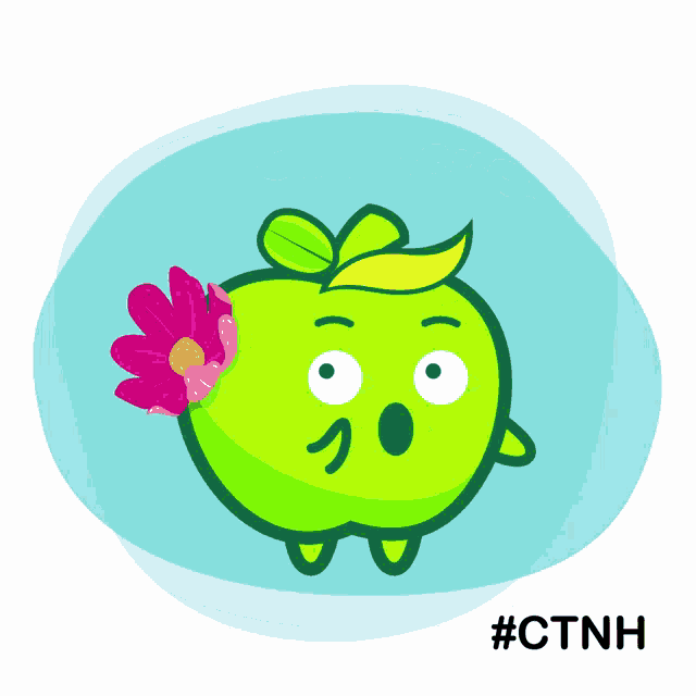 a green apple with a flower on its head and the words de too ke cho nghe below it