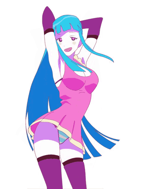 a drawing of a girl with long blue hair and a pink dress