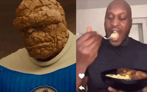 a man eating a bowl of food next to a cartoon of the thing