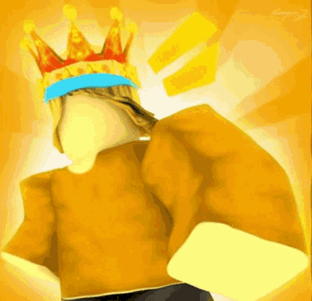 a roblox character wearing a crown and a yellow shirt is standing in front of a yellow background .