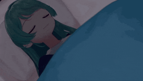 a girl with green hair is sleeping in a bed with a blue comforter