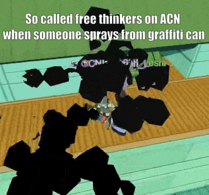 a video game scene with the words so called free thinkers on acn when someone sprays from graffiti