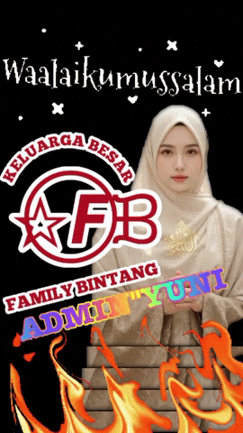 a woman wearing a hijab is standing on a set of stairs with flames behind her
