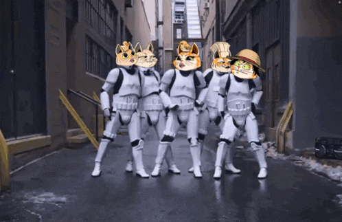 a group of stormtroopers standing on a street