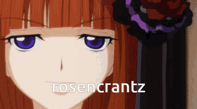 a close up of a girl 's face with the word rosencrantz on the bottom