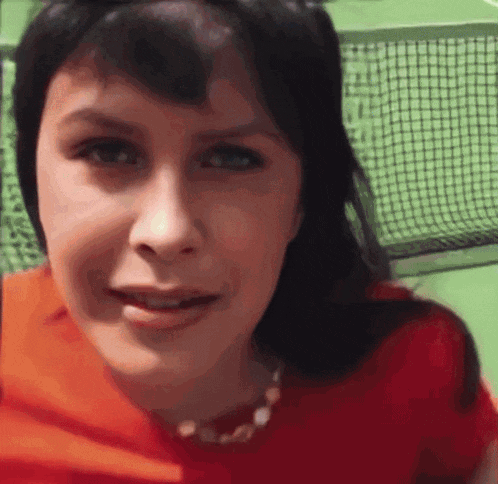 a close up of a woman 's face with a tennis net behind her