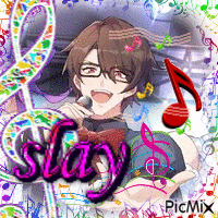a boy with glasses is singing into a microphone surrounded by music notes and the word slay .