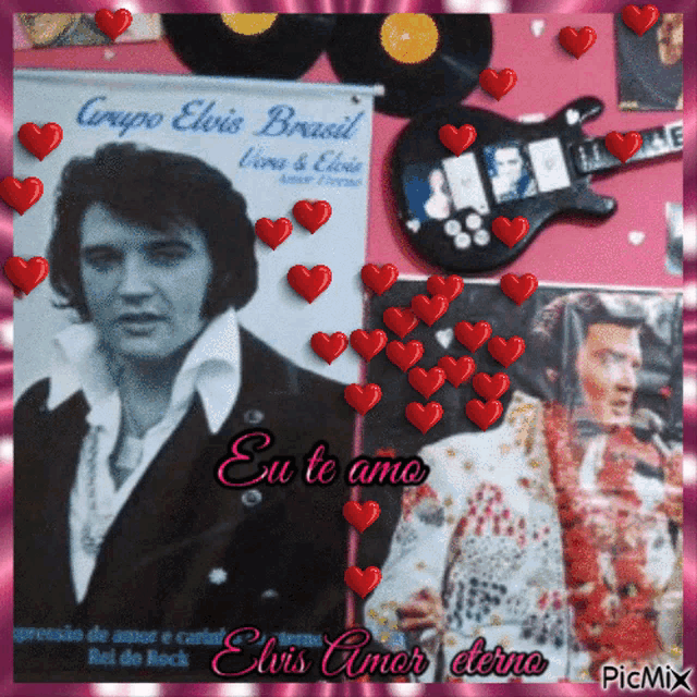 a picture of elvis presley is surrounded by red hearts and says eu te amo