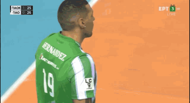 a man wearing a green jersey with the number 19 on the back