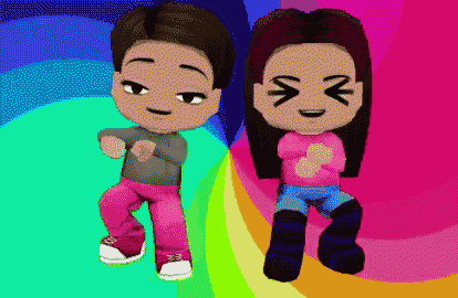 a boy and a girl are dancing together with a rainbow in the background