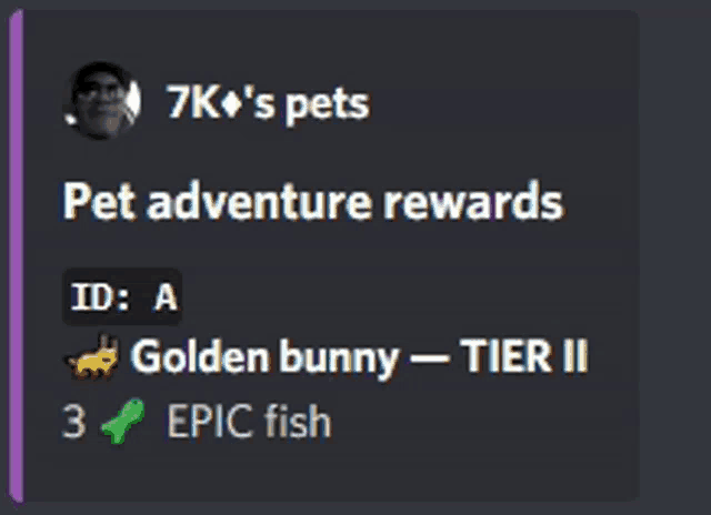 a screenshot of pet adventure rewards including a golden bunny and epic fish