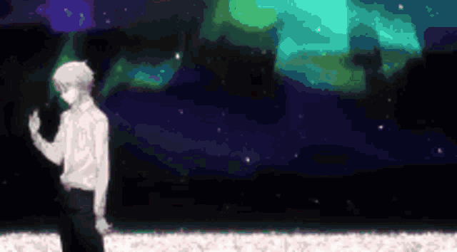 a pixel art of a man standing in front of a aurora borealis .