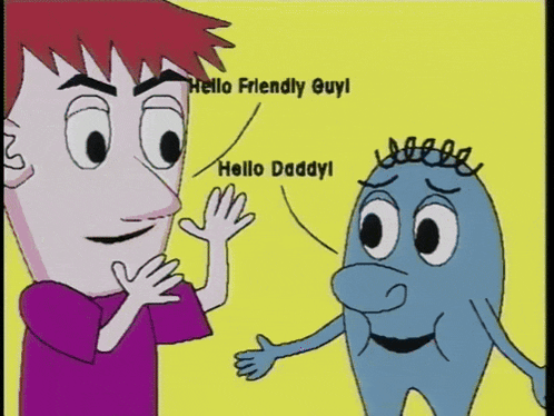 a cartoon character says hello friendly guy while talking to another character