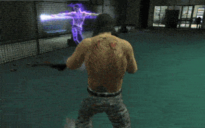 a man with a tattoo on his back kicks another man in a video game