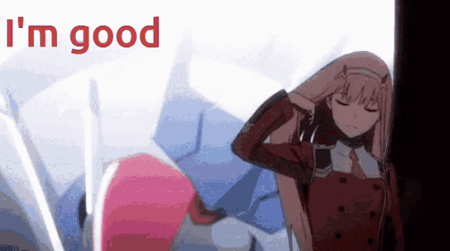 a girl in a red jacket is standing in front of a robot and the words i 'm good are above her .