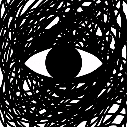 a black and white drawing of an eye in the middle of a maze