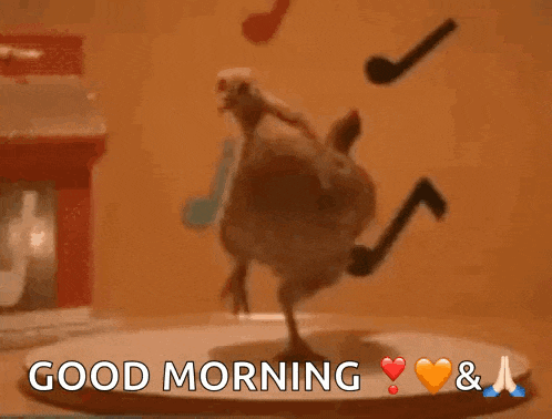 a picture of a chicken dancing with the words good morning and hearts